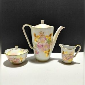 Schumann Arzberg Wild Rose Porcelain Teapot, Creamer & Sugar Bowl.